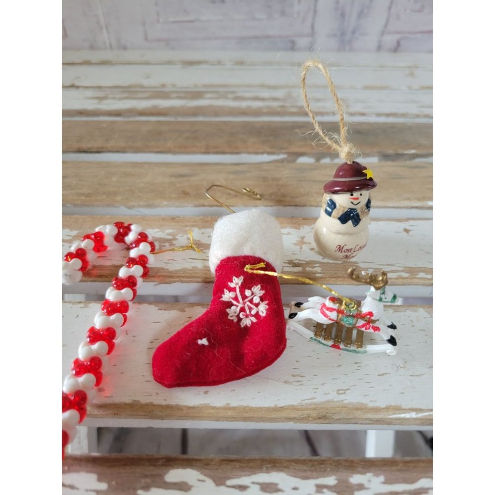 Mini stocking candy cane reindeer rocking horse snowman ornament set Xmas holida